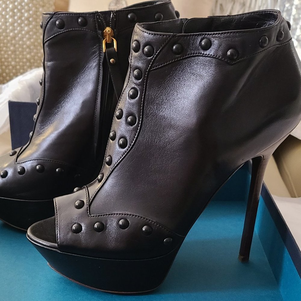 Sergio Rossi Open Toe Platform Studded Leather Ankle Boots Dark Brown Sz 39.5